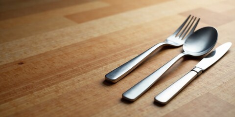 Elegant Stainless Steel Flatware on Wooden Surface A Close-Up View of a Fork, Spoon, and Knife