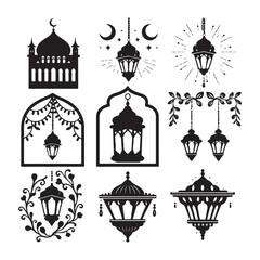 Lantern black and white silhouette illustration Islamic lantern light vector silhouette, Ramadan Islamic lanterns vector illustration Lantern Icon, Black and White, Traditional Lighting Design Islamic