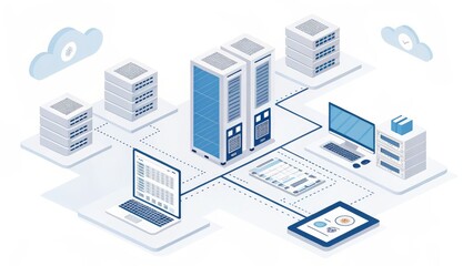 Isometric Illustration Cloud-Based Data Center Network, Servers, Devices, Data, Cloud Computing, Network Infrastructure Cloud Computing, Data Center