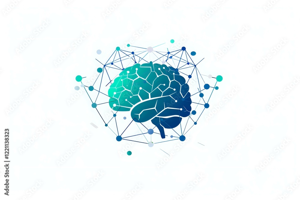 Poster stylized turquoise brain icon connected with network nodes and lines illustrating artificial intelli