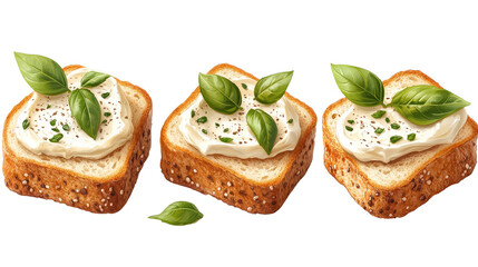 Cream Cheese and Basil Bruschetta: Three delectable pieces of toasted bread topped with creamy cheese and fresh basil leaves, presented in a visually appealing arrangement.