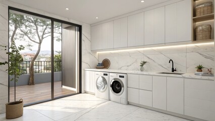 Modern Laundry Room Design White Cabinets, Marble Tile, Balcony View, 3D Rendering, Laundry Room Interior Laundry Room Design, 3D Rendering