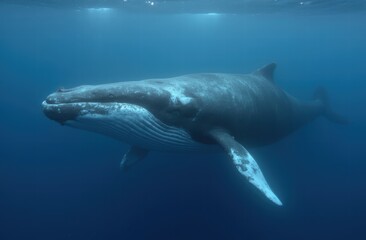 Naklejka premium Blue whale swimming peacefully in clear ocean water 