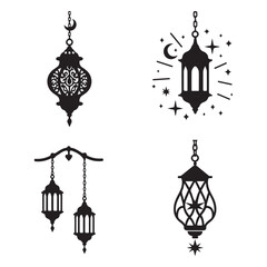 Lantern black and white silhouette illustration Islamic lantern light vector silhouette, Ramadan Islamic lanterns vector illustration Lantern Icon, Black and White, Traditional Lighting Design Islamic