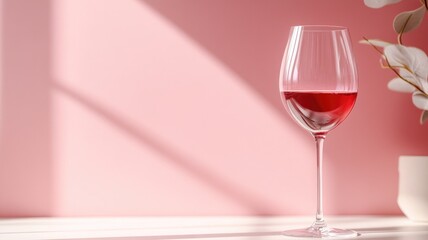 Glass of red wine on pink surface with shadows and plant