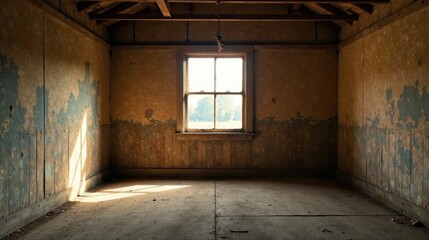 Sunlit Room in a Derelict Structure with Aged Walls and Wooden Floor