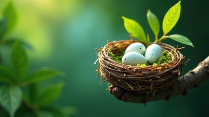 Fototapeta premium A delicate bird's nest cradles speckled eggs, nestled amongst vibrant green moss, a symbol of new beginnings and the promise of spring, perched gently on a tree branch