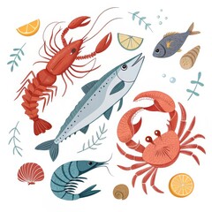 Seafood Illustration Lobster, Crab, Fish, Shrimp Composition, Flat Lay Design, Ocean Life, Marine Seafood