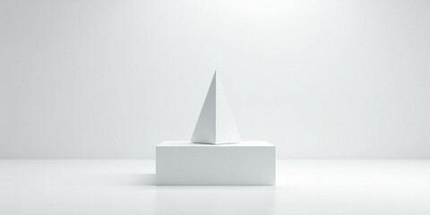 A solitary white tetrahedron rests elegantly atop a pristine cubic pedestal, a minimalist study in geometric form and shadow