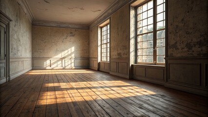 Obraz premium Sunlit Abandoned Room Wooden Floor, Distressed Walls, Three Windows, Architectural Photography, Room Interior Abandoned, Interior Design