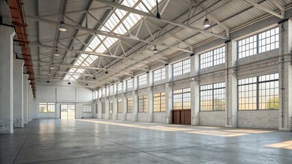 Sunlit Industrial Warehouse Interior High Ceilings, Concrete Floor, Large Windows, Architectural Design, Factory Space Industrial Architecture, Warehouse Design