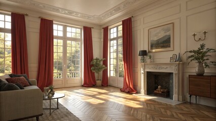 Fototapeta premium Sunlit Living Room Red Curtains, Herringbone Floor, Classic Design, Interior Design, 3D Render Interior Design, 3D Rendering