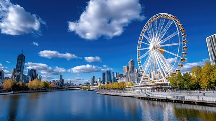 Obraz premium Ferris wheel by river with city skyline and blue sky