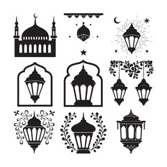 Lantern black and white silhouette illustration Islamic lantern light vector silhouette, Ramadan Islamic lanterns vector illustration Lantern Icon, Black and White, Traditional Lighting Design Islamic