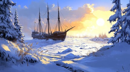 Fototapeta premium Icebreaker Ship on a Frozen Lake at Sunrise