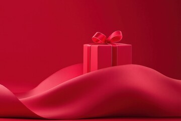 A vibrant red gift box adorned with a bow, elegantly displayed on flowing red silk fabric, evoking love and luxury.  .