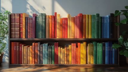 Fototapeta premium Colorful Books Arranged on a Wooden Bookshelf