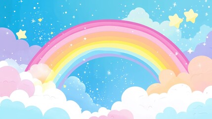 Pastel Rainbow Sky with Fluffy Clouds and Stars