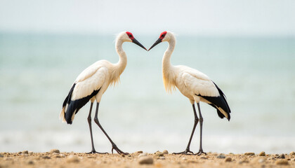 Obraz premium Loving cranes pair duet in romantic mood on sandy beach background with copy space