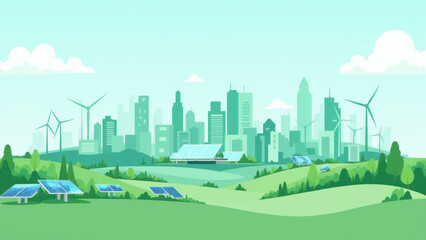 An illustration featuring a green city with sustainable infrastructure like solar panels and wind turbines. A clean skyline is set against a clear blue sky.