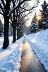 Winter Pathway Illumination Sunlit Snow-Covered Walkway Lined with Majestic Trees at Dawn