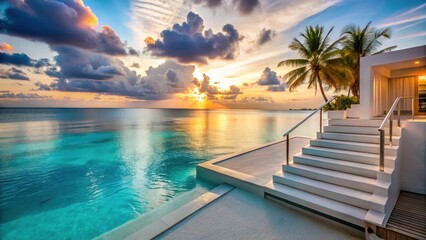 Fototapeta premium White villa with steps leading into turquoise ocean water on a tropical beach at sunset, step, beach house, step