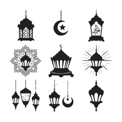 Lantern black and white silhouette illustration Islamic lantern light vector silhouette, Ramadan Islamic lanterns vector illustration Lantern Icon, Black and White, Traditional Lighting Design Islamic