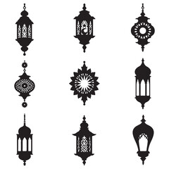 Lantern black and white silhouette illustration Islamic lantern light vector silhouette, Ramadan Islamic lanterns vector illustration Lantern Icon, Black and White, Traditional Lighting Design Islamic