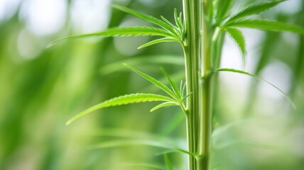 Close-up of green cannabis plant stem with leaves