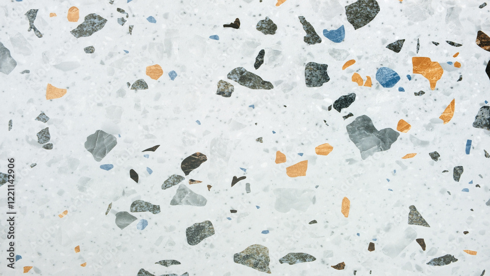 Poster A white background with a lot of different colored rocks scattered all over it. The rocks are of various sizes and shapes, creating a visually interesting and textured surface. Scene is one of chaos