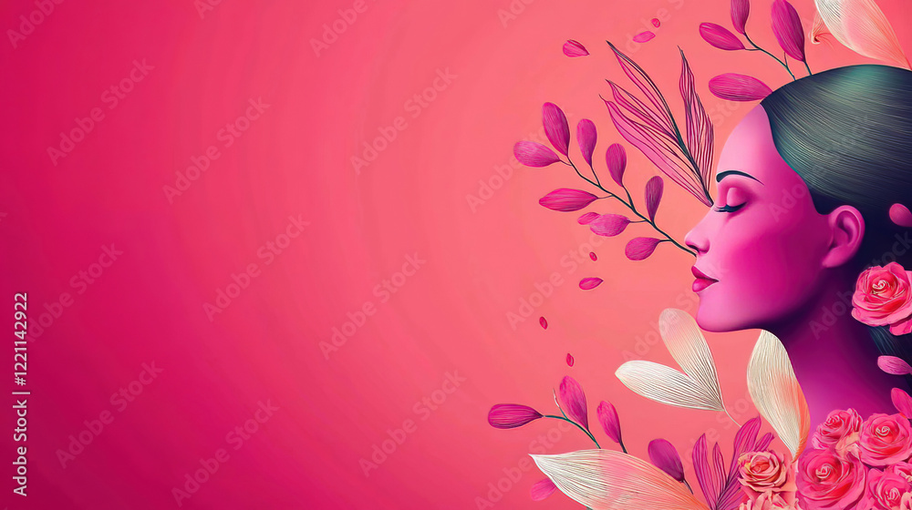 Poster Women's Day highlights unity through advocacy promoting equality and empowerment. Artistic Portrait of Woman with Floral Elements on Pink Background