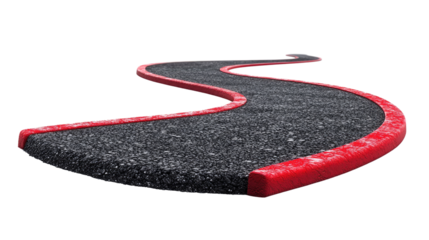 Winding Road Ahead: A curved asphalt road with vibrant red borders stretches into the distance, symbolizing journey, progress, and the unknown.  