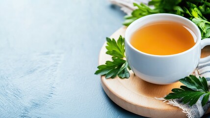 Herbal tea with fresh parsley leaves on wooden board