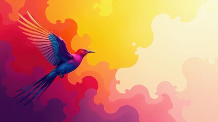 Vibrant Bird in Flight Against a Colorful Abstract Background of Swirling Hues and Dynamic Shapes