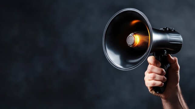 A focused shot of a megaphone in hand, with sound waves visually represented, illustrating the dynamics of audio communication and amplification.
