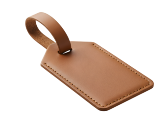 Elegant tan leather luggage tag with stitched edges and loop on a black backdrop