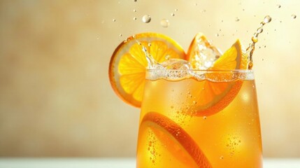 Refreshing citrus beverage with ice cubes and splashing liquid, garnished with orange slices in a glass