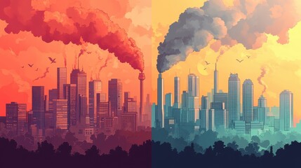 Pollution control flat design front view eco-friendly city theme cartoon drawing split-complementary color scheme. 