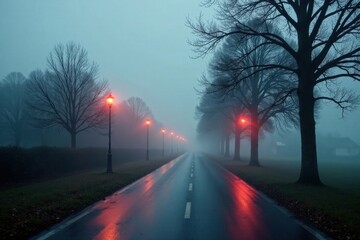 Mysterious Foggy Road at Dusk with Glowing Streetlights and Bare Trees