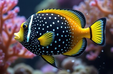 Obraz premium The clown triggerfish swimming in clear ocean, it also known as the big spotted triggerfish, is a demersal marine fish
