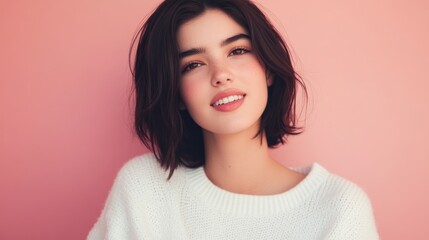Fototapeta premium Young Woman Smiling Wearing White Sweater Against Pink Background