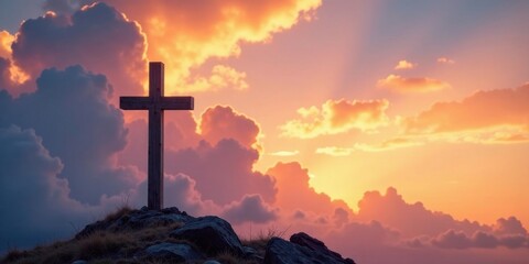 Wooden Cross Silhouette at Sunset on Rocky Hilltop