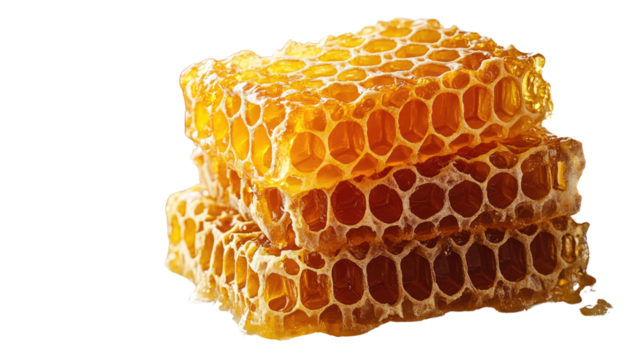 Golden Honeycomb: A closeup of a stack of fresh honeycomb, with its intricate hexagonal pattern, glistening with golden honey, ready to be savored for its sweet, natural goodness.