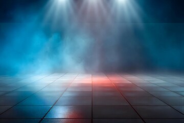 Futuristic empty stage with tiled floor, soft blue and red spotlights piercing a misty haze for a cinematic ambiance.