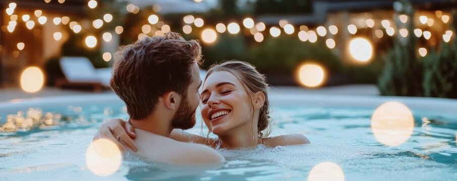Young couple shares a joyful moment in a jacuzzi with the woman smiling and her eyes closed as her partner tenderly holds her face. The warm lighting creates a cozy atmosphere