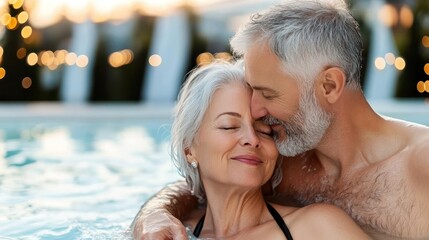 An older couple both in swimsuits lean forehead to forehead while relaxing in a hot tub. They share a joyful moment eyes closed smiling in warm bubbling water during a tranquil evening