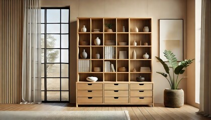 A beautifully designed modern interior featuring a wooden shelving unit, natural decor, and soft lighting, embodying simplicity, warmth, and contemporary home aesthetics.