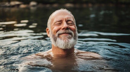 An older man with a gray beard smiles with closed eyes embracing the cold lake water. He relaxes in nature relishing the invigorating moment and serenity of the outdoor setting