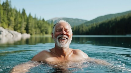 An older man with a gray beard relishes the cool water up to his chest in a pristine lake. He smiles warmly with closed eyes embracing the moment in nature. Copy space is available on the right