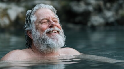 An older man with a gray beard smiles warmly with eyes closed embracing the coolness of a natural lake up to his chest. The serene moment captures his enjoyment of nature&rsquo;s beauty